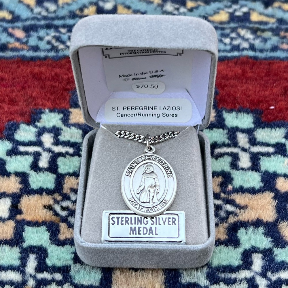 St. Peregrine Laziosi Sterling Silver Oval Religious Medal Necklace 24” Chain